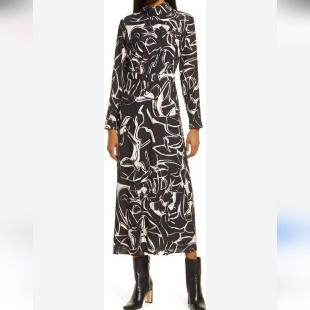 & Other Stories Abstract Print Belted Long Sleeve Midi Dress Size Small